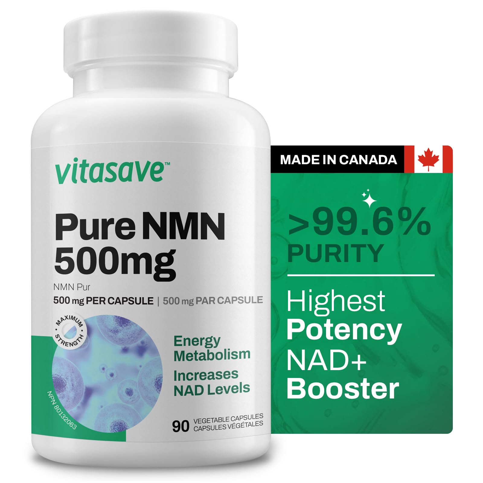 Vitasave NMN 500mg – High-Potency Nicotinamide Mononucleotide Capsules – NAD+ Booster for Energy, Cellular Health, Metabolism & Healthy Aging – Fast Absorption – 90 Capsules