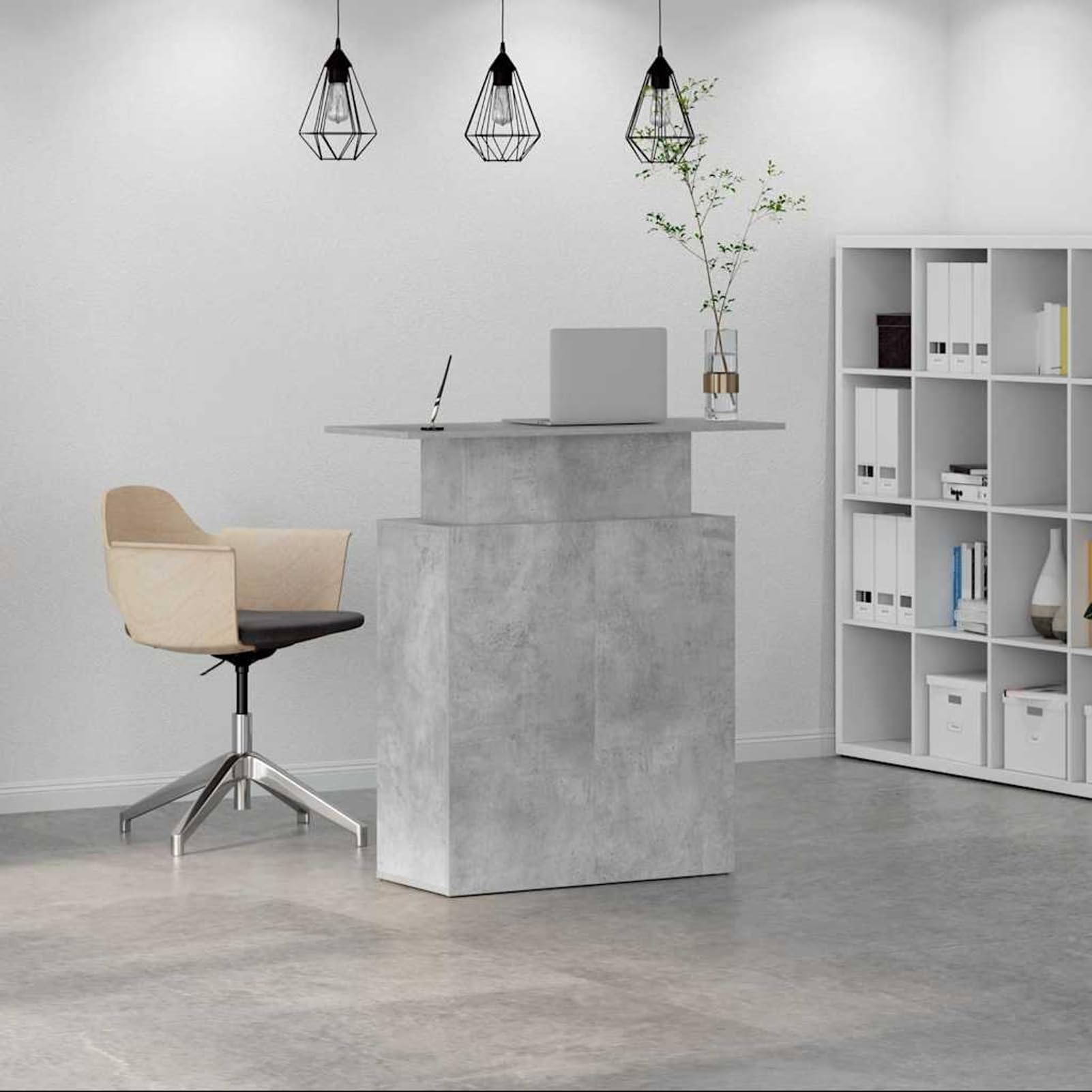 Gecheer Bancone Reception Grigio Cemento, Funzionale con Piano Integrato e Spazio di Archiviazione, 100x40x104 cm, Truciolato, per Uffici Aziendali Hotel Cliniche e Saloni di Bellezza