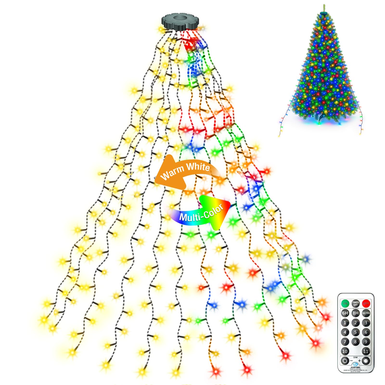 Christmas Tree Lights 3m * 16 Lines Mains Powered, Warm White + Multicolor 2 in 1 Fairy Lights 480 LED for 9-12Ft Christmas Tree, Easy to Install Tree Decoration String Light for Indoor/Outdoor
