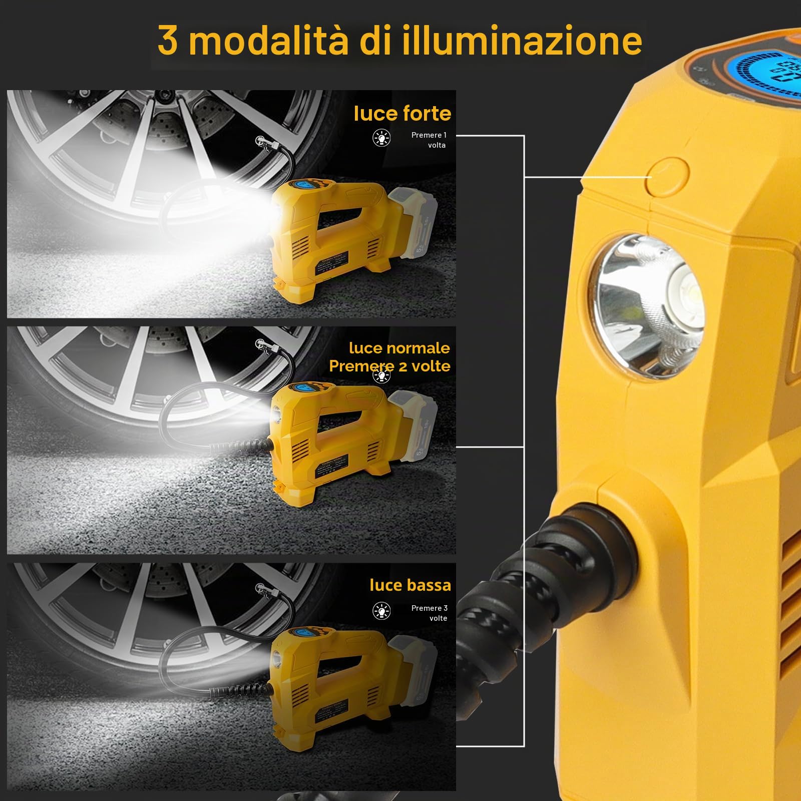 QUPERR compressore d’aria cordless compatibile con batteria Dewalt 18V, fino a 10,34 bar, con luce LED e arresto automatico, pompa portatile per auto, moto, bici e palloni (batteria non inclusa)