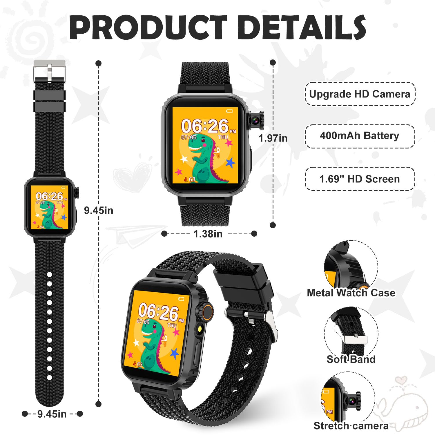 MiracDan Reloj Inteligente Niño con 32 Juegos, Smartwatch Niños con 1.69" HD Cámara Alarma Música Podómetro Linterna Despertador, Regalos Infantil Reloj Inteligente para niños de 3 a 12 años