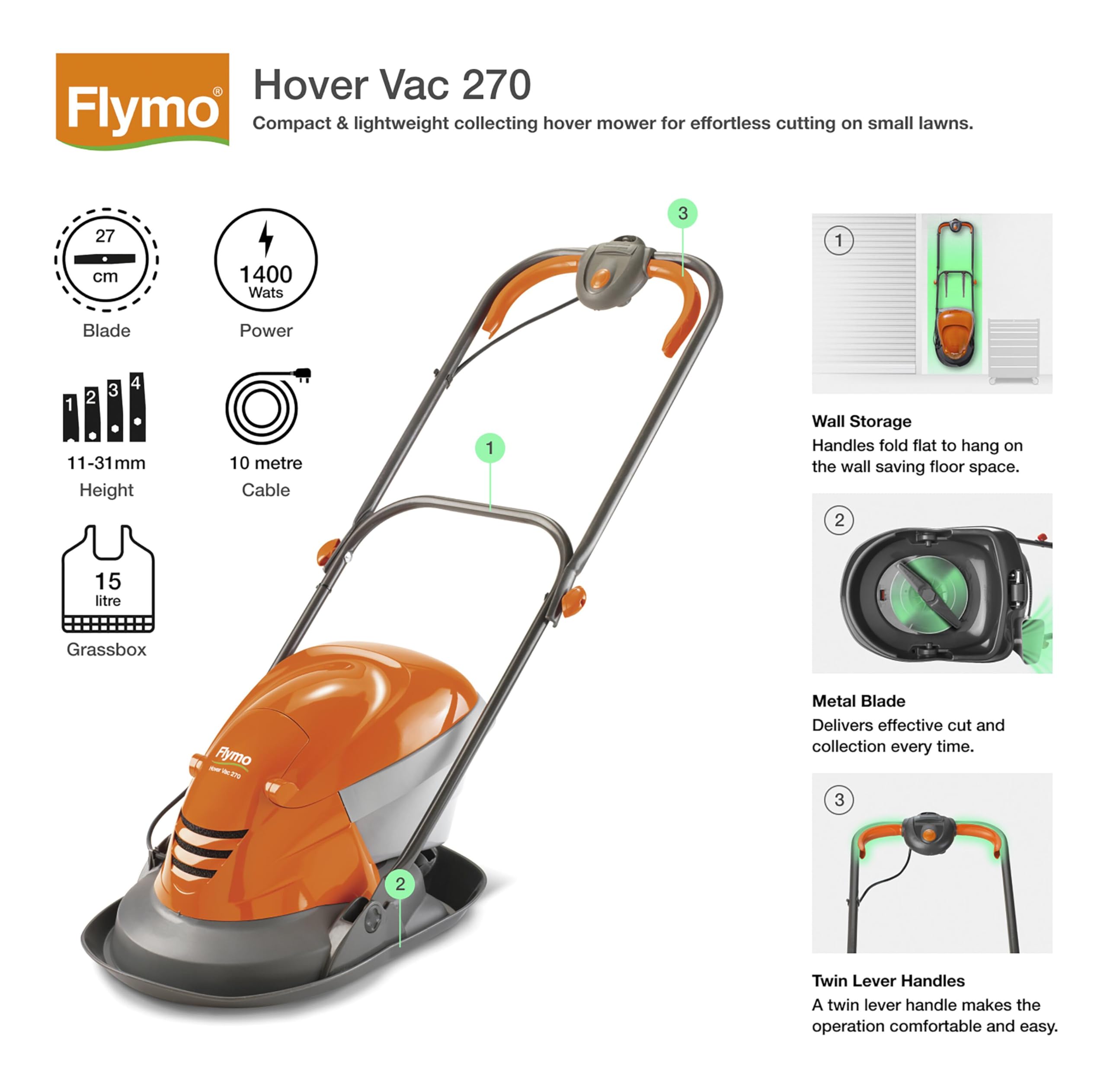 Flymo Hover Vac 270 Electric Hover Lawn Mower, 1400 W, 27 cm Cutting Width, 15 l Grass Box