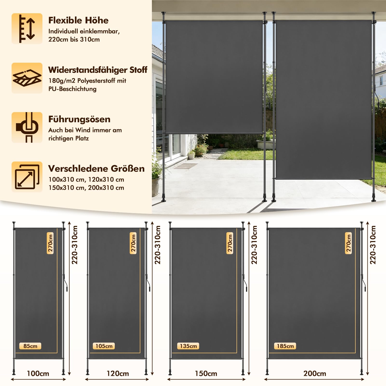 Markiza zaciskowa, 120 x 310 cm, markiza boczna, wysuwana, z korbą ręczną, nie wymaga wiercenia, markiza pionowa, ochrona przed wzrokiem, odporna na działanie warunków atmosferycznych, na