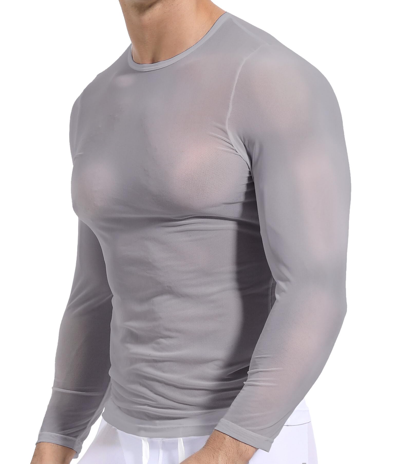 Men's Mesh T Shirt See Through Lounge Long Sleeves Sexy Sheer Muscle Tee Tops Breathable Undershirt Clubwear