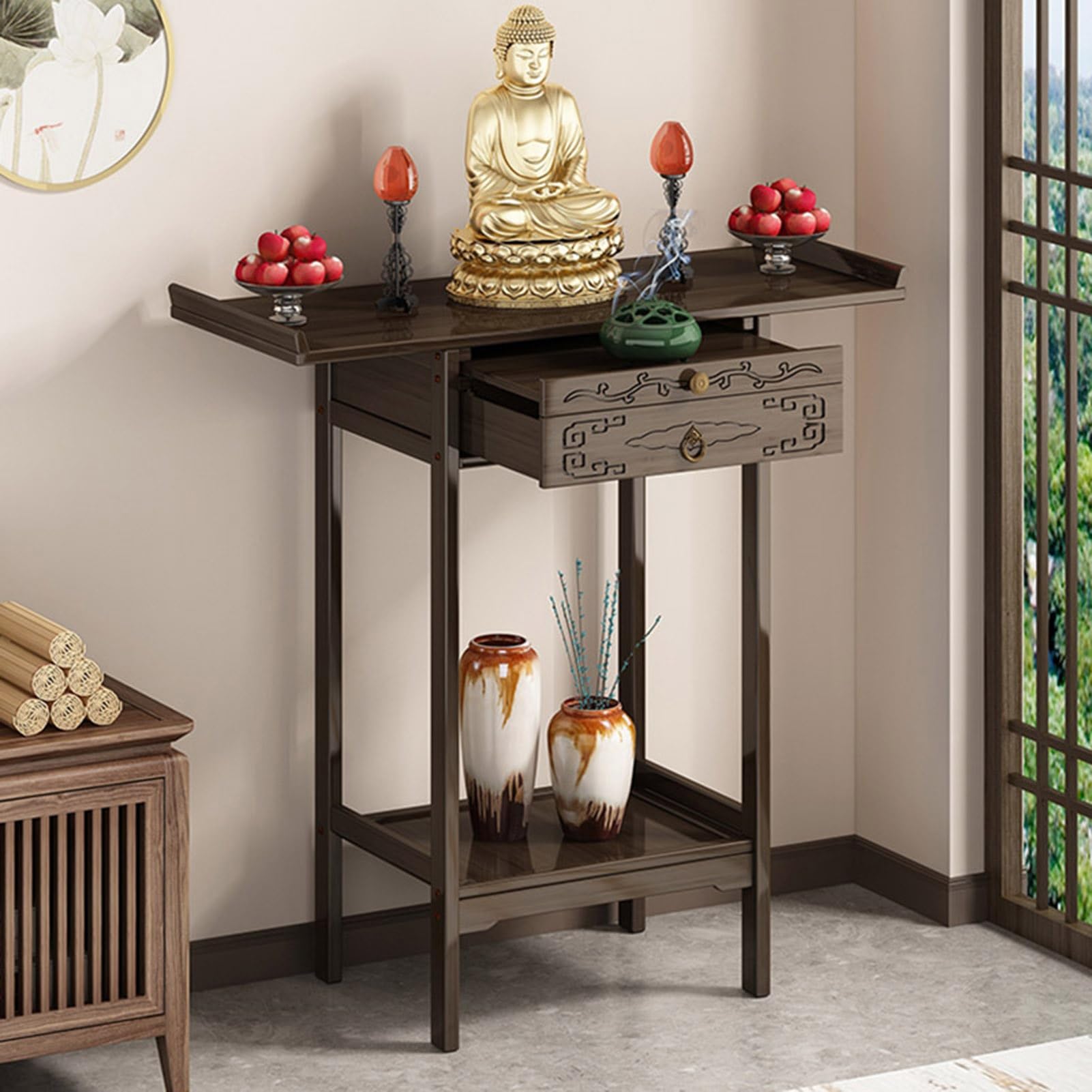 Espace zen encombré ? Table de prière en bambou de 100 cm avec tiroir utile