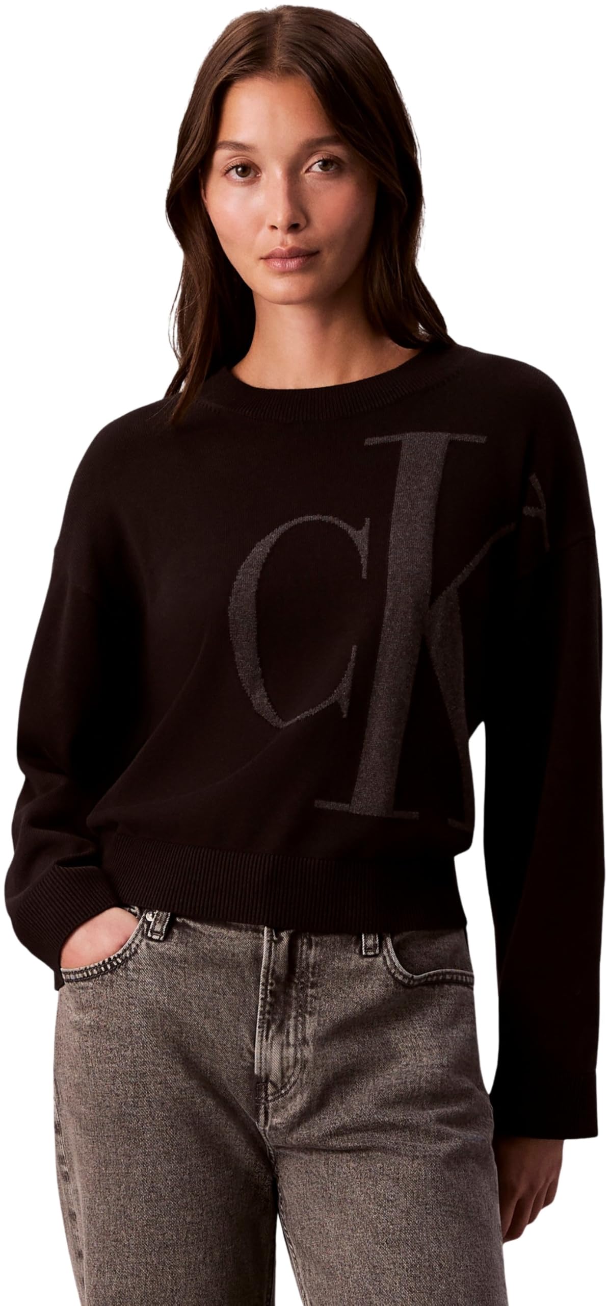 Calvin Klein Damen Long Sleeve Smooth Cotton Ck Jac Lv047e304g Pullover