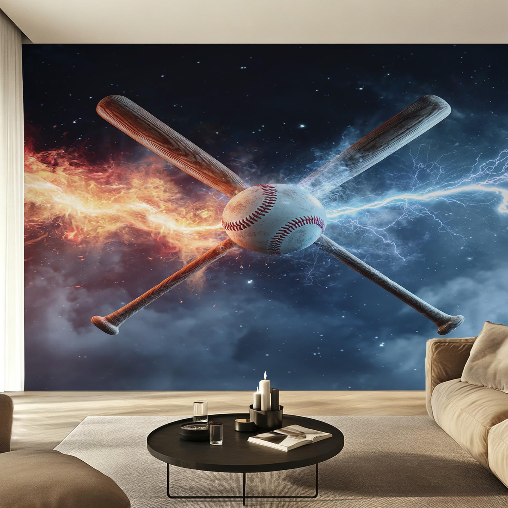 Papier peint panoramique baseball flamme intissé 416x254 cm pour déco salon