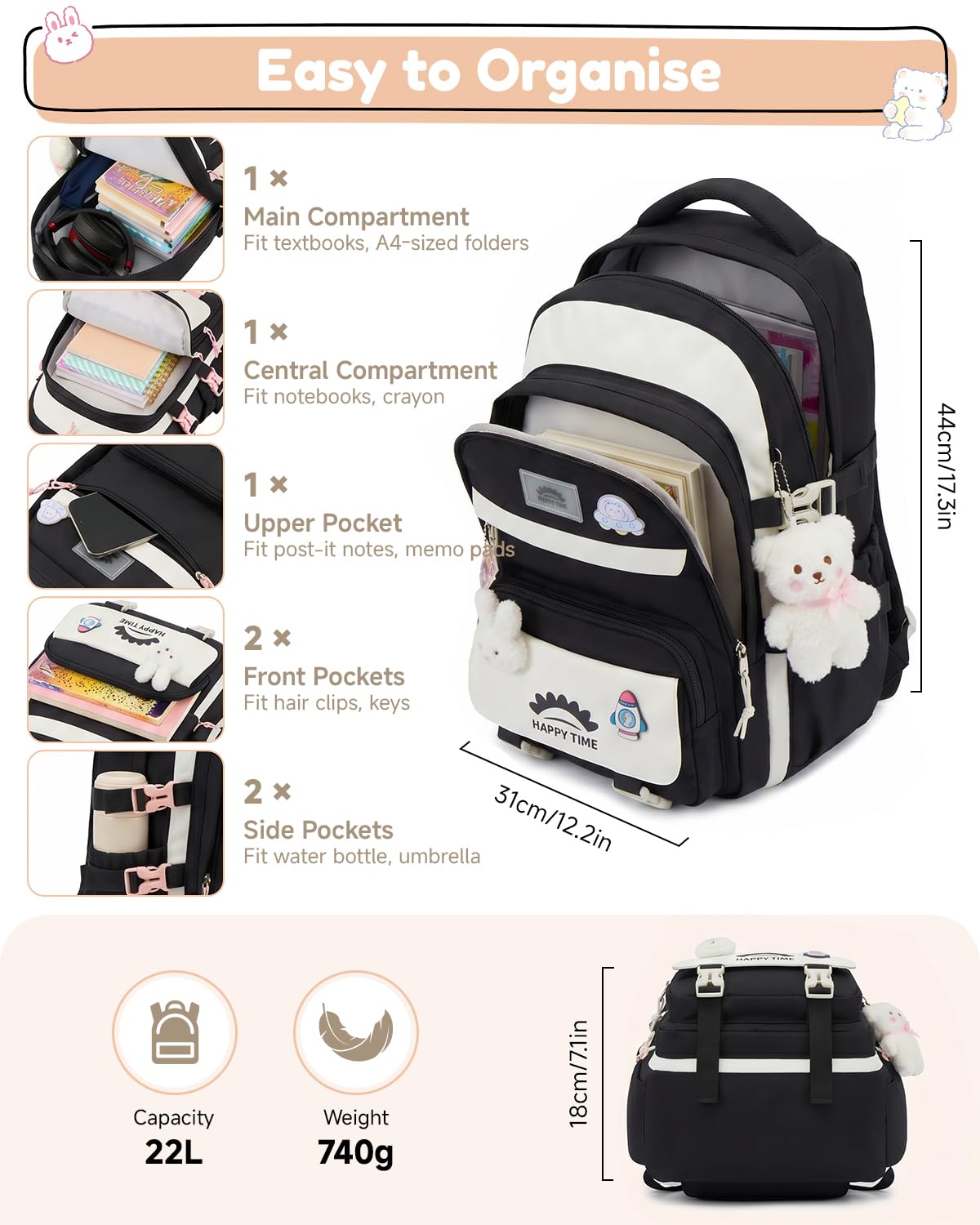 Tanou Schultasche Mädchen, Wasserabweisender Nylon Kinder Schulranzen, 20L