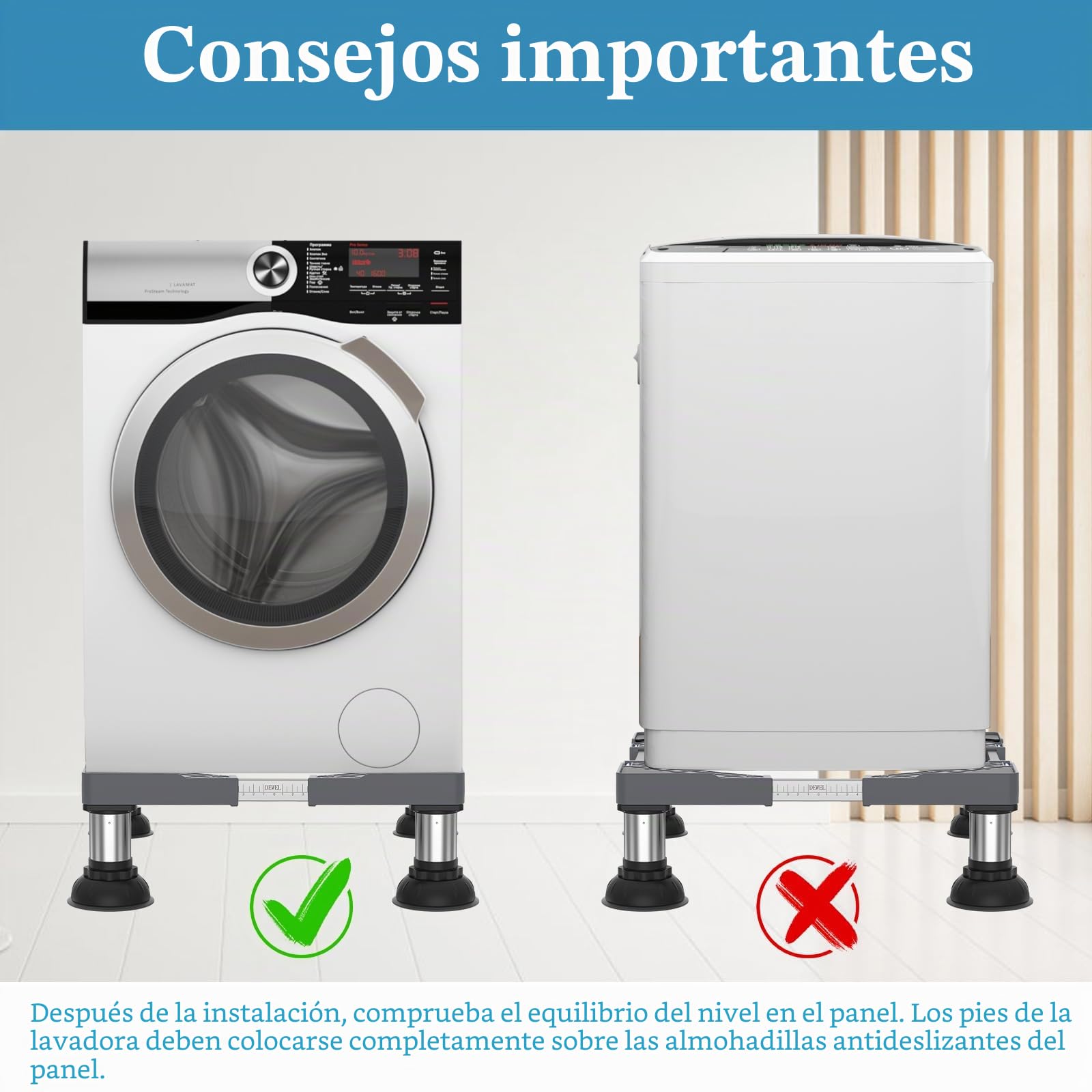 DEWEL Base Lavadora, Soporte para Lavadora Secadora Frigorífico con 4 Pies de Acero Inoxidable, Base Elevador Lavadora Ajustable Ancho/Longitud 45-65cm, Altura 15-18cm, Carga 250kg (Gris)