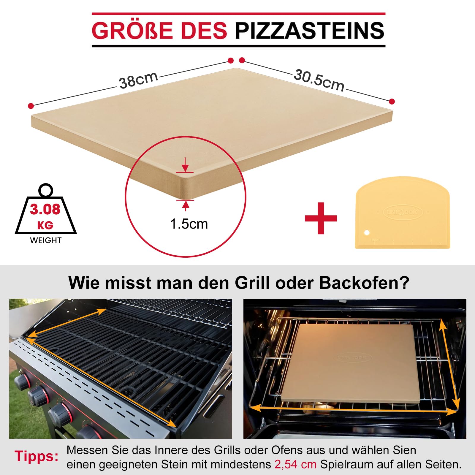 Unicook Pizzastein für Backofen und Grill, Cordierit Backstein, Passend zum Backen von Knuspriger Pizza, Brot und Flammkuchen, Rechteckig, Pizza Stein 38 x 30 cm