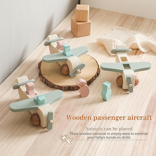 Miniatura 5 de ibwaae Juguetes de avión de madera, juego de vehículos de transporte aéreo, juegos de tracción de madera, regalo de aprendizaje, juguete Montessori