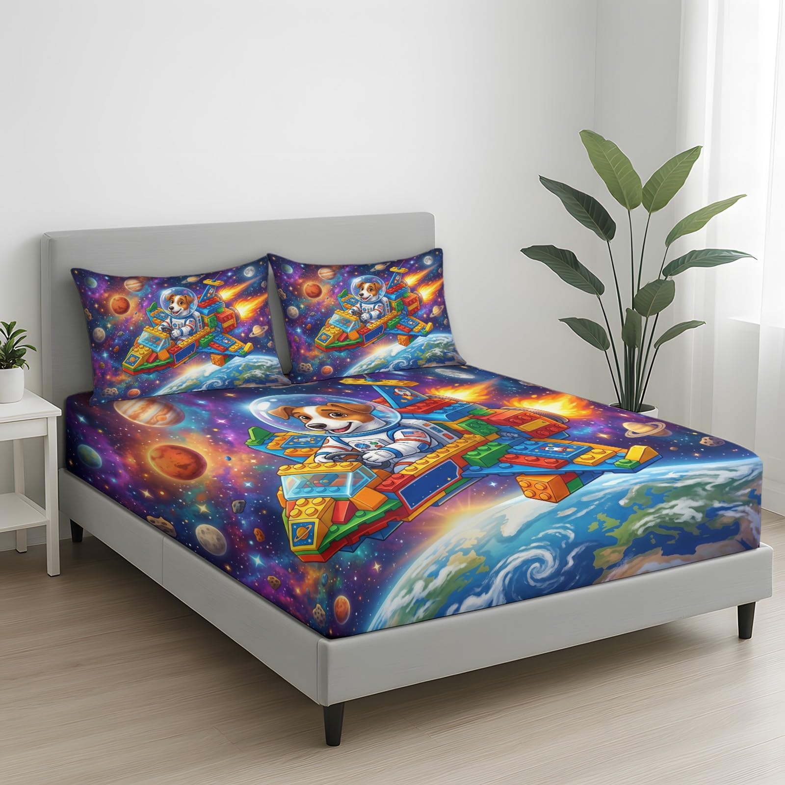 Pojedyncze prześcieradło z gumką z nadrukiem kosmicznym 90 x 190 cm, gęstość splotu 400, kreskówka, astronauta, statek kosmiczny, zestaw pościeli z głęboką kieszenią, prześcieradło i poszewka na