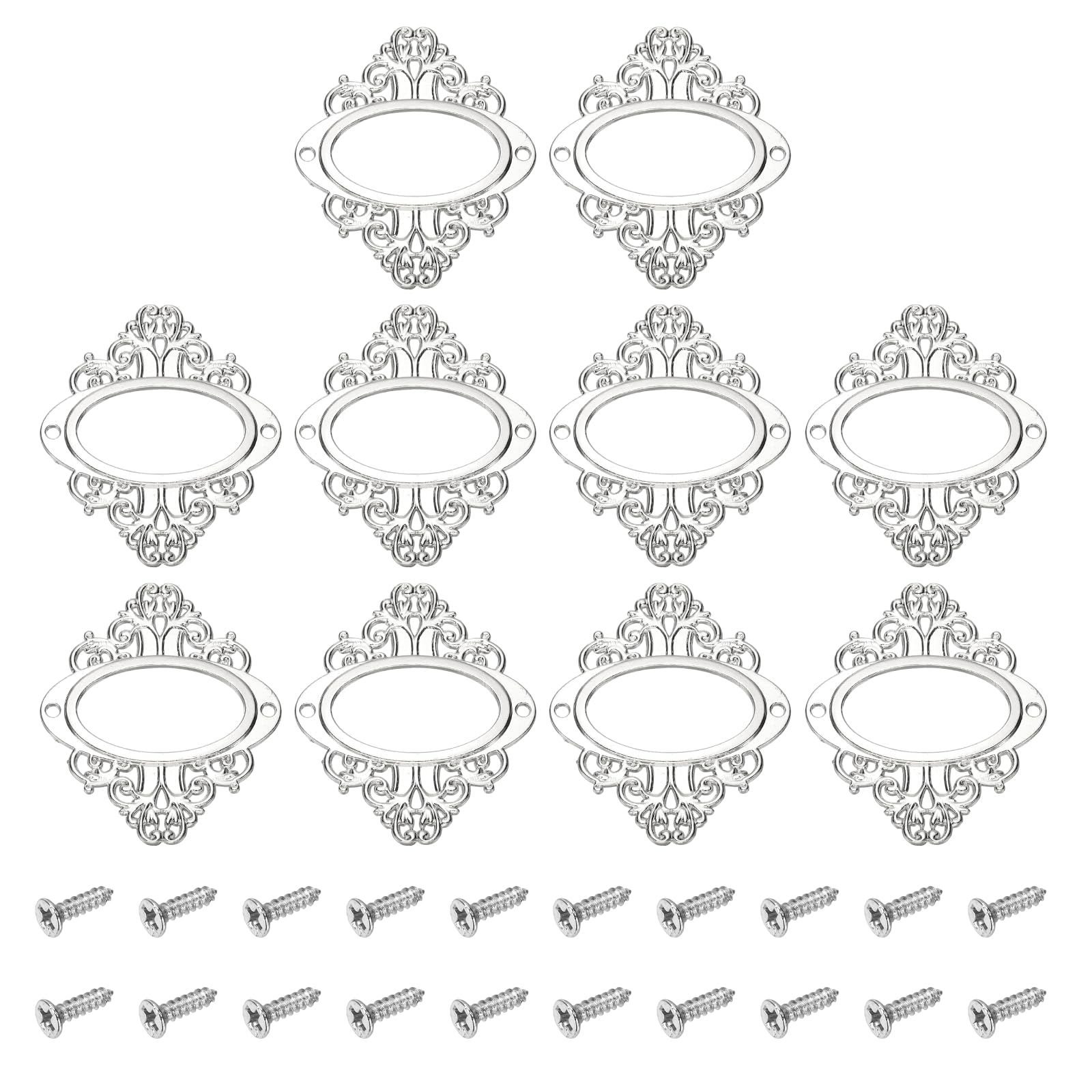 sourcing map 10 Pcs Metal Label Holder, 5.6x6.6cm Small Vintage Card Frame Tag Floral Lace Label Holder with Screws for File Boxes Drawers Door Cabinet Book Shelves, White Nickel