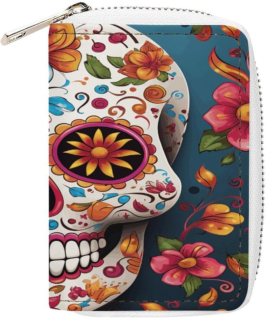 Leather Card Organizer Case Card Wallet Credit Card Holder Colorful Sugar Skull Printed Zipper Card Cases Holder for Women Men