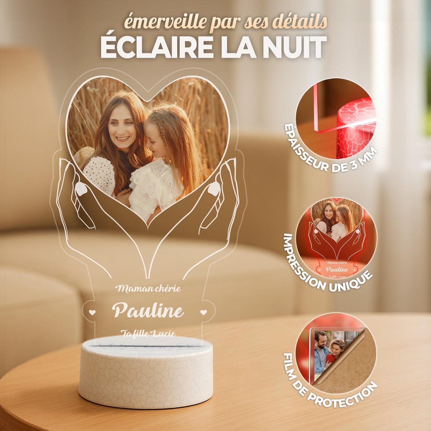Maverton Lampe LED Personnalisée Pour Maman - Lampe Photo Personnalisé - Cadeau Personnalisé Fete des Meres - Cadeau Maman Anniversaire - Plaque Acrylique 22x15cm avec Socle Lumineux - coeur