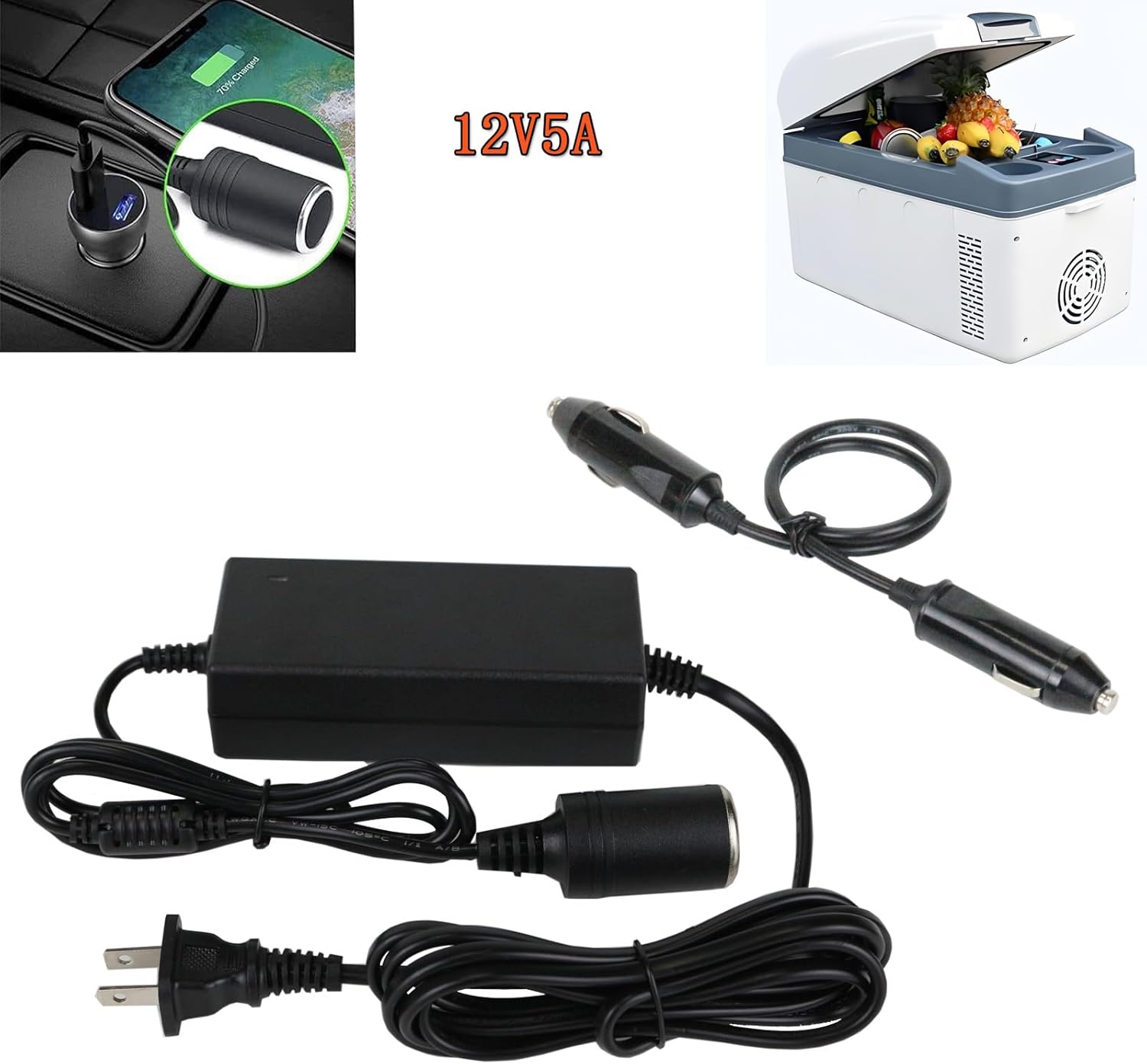 12V 5A Car Power Adapter ，Power Adaptor Plugs into Outlets，Power Supply Adaptor for Coleman Thermoelectric Hot/Cold Cooler，for Camping Home Office Dorm or Vehicle Use，with Male to Male Extension Cord