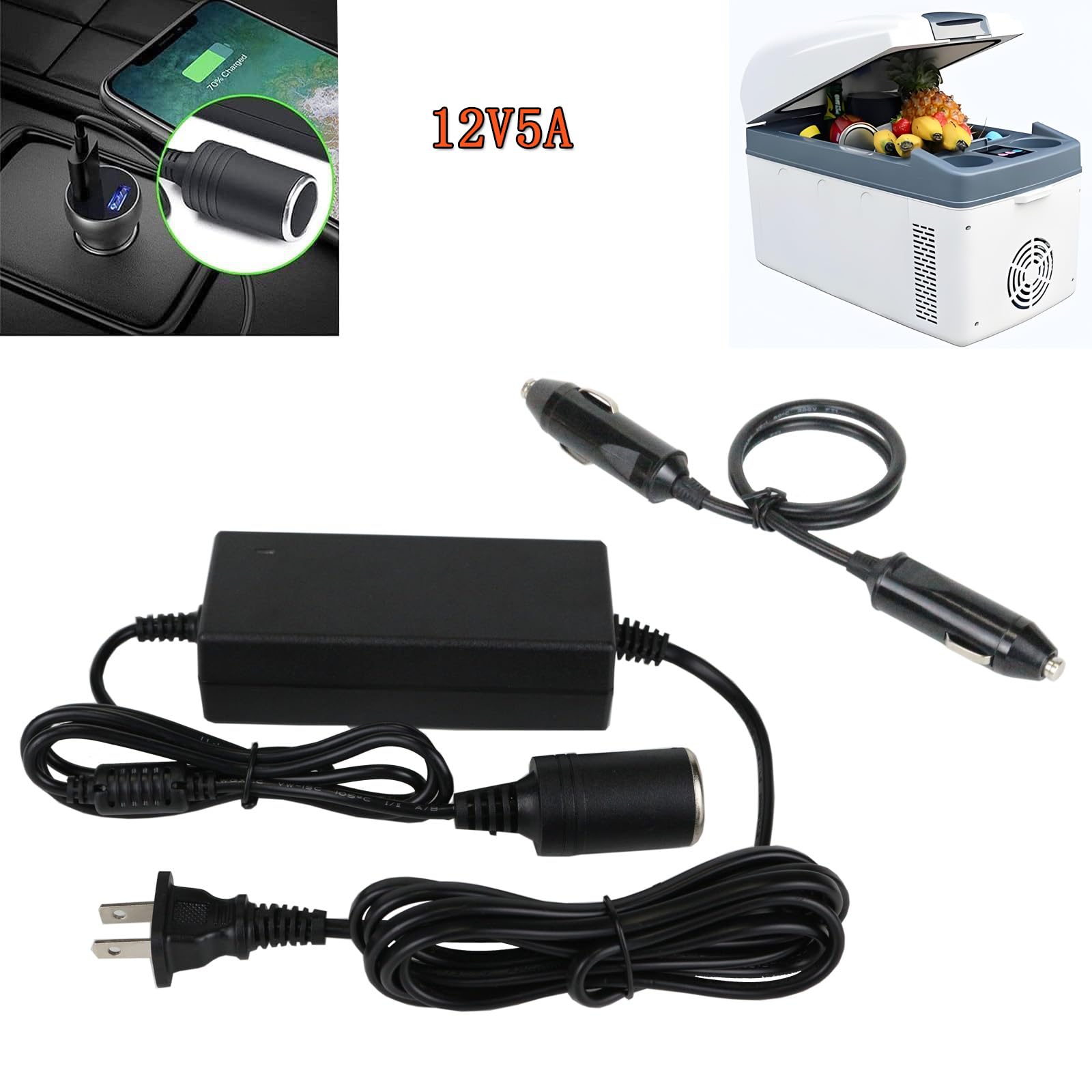 Adaptateur d'alimentation pour voiture 12 V 5 A, adaptateur d'alimentation pour refroidisseur thermoélectrique chaud/froid Coleman, pour camping, maison, bureau, dortoir ou véhicule, avec rallonge
