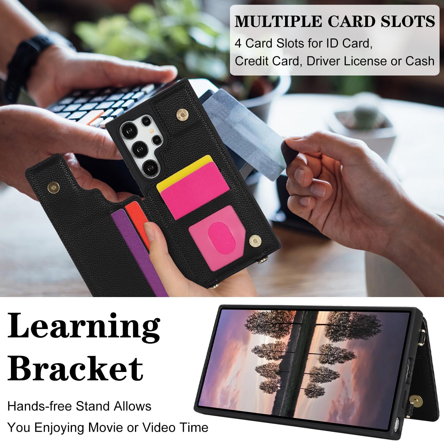 Asuwish Phone Case for Samsung Galaxy S24 Ultra 5G Wallet Cell Cover with Tempered Glass Screen Protector Ring Stand Card Holder Crossbody Lanyard Shoulder Strap S24Ultra 24S S 24 24Ultra Women Black