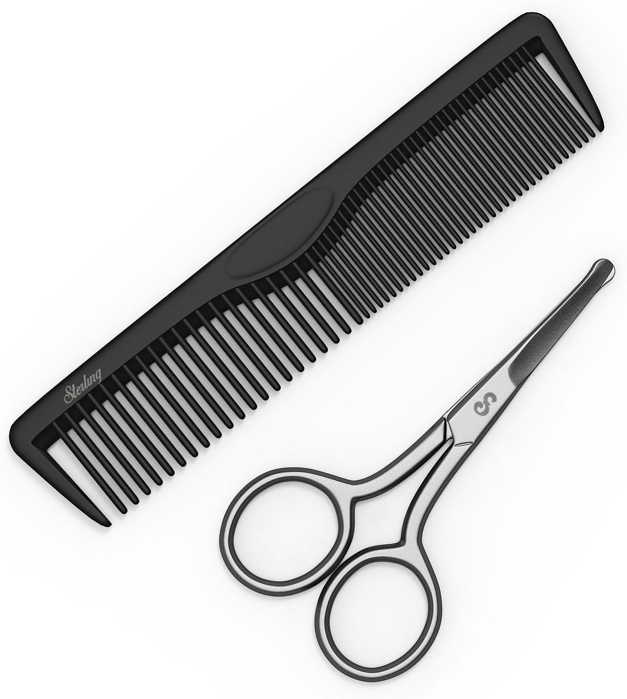 Sterling Beauty Tools 3.5 Inch Facial Hair Scissors with Rounded Tips for Beards, Mustaches, Eyebrows, Nose Hair, Ear Hair and Personal Care Trimming with Bonus Styling Comb and PVC Storage Bag