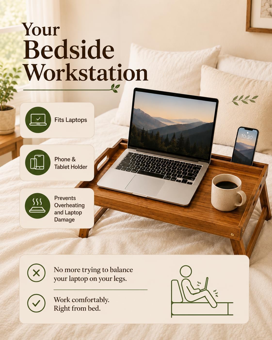 Acacia Wood Large Bed Tray for Food & Laptop with Phone & Tablet Holder
