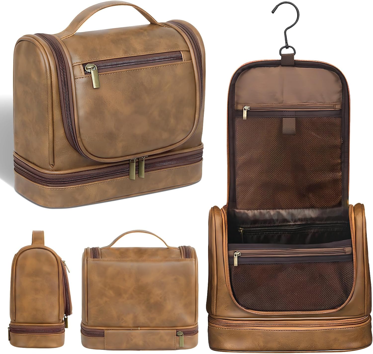 Travel Toiletry Bag For Men and Women, Leather Hanging Toiletry Organizer, Waterproof with Separate Compartments, Travel Kit for Gym Camping and Mens Gift (Light Brown)