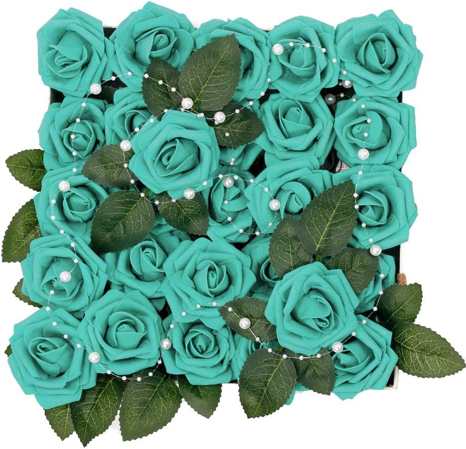 Meiliy 60pcs Artificial Flowers Teal Roses Real Looking Foam Roses Bulk w/Stem for DIY Wedding Bouquets Corsages Centerpieces Arrangements Baby Shower Cake Flower Decorations