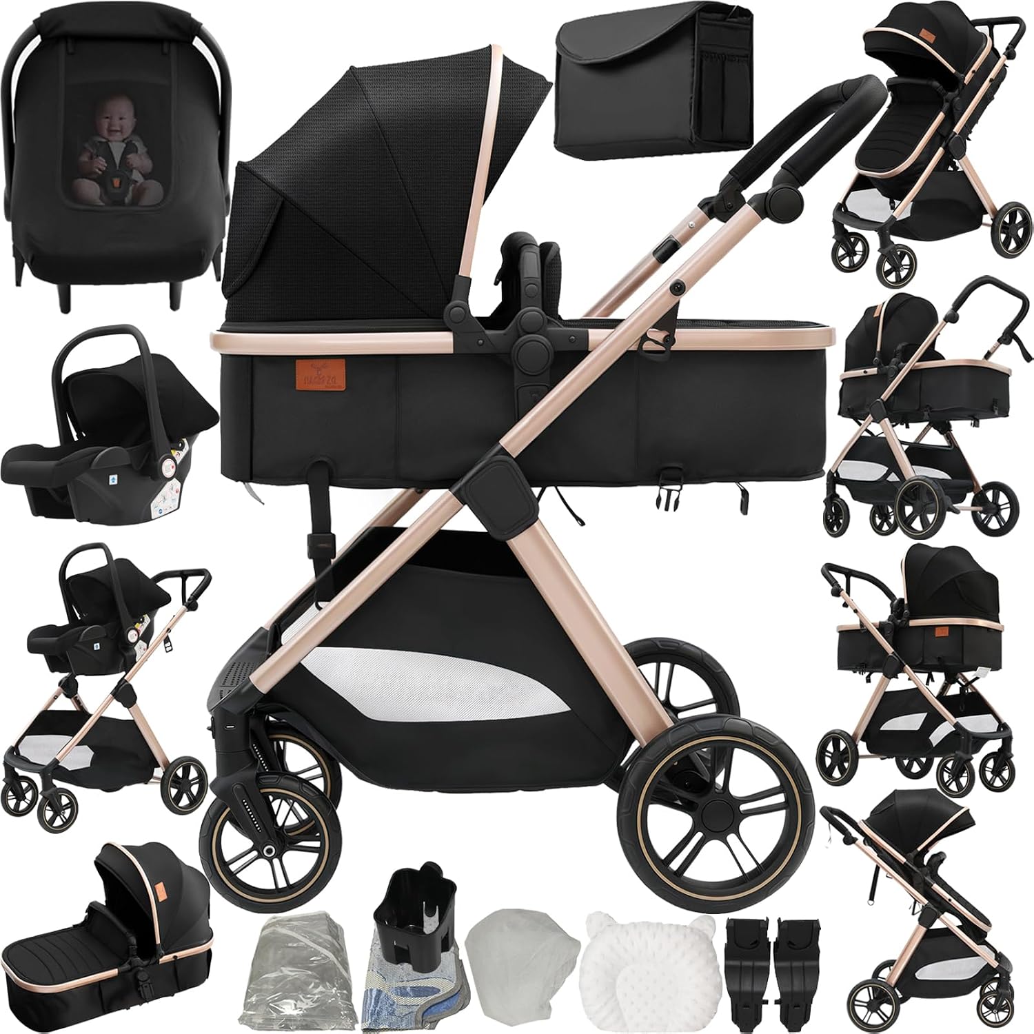 3 in 1 Baby Stroller Travel System, Pushchair 3 in 1 Set, Toddler Pram with Reversible Two Pushing Modes, Newborn Buggy Aluminum Frame, Infant Carriage One-Click Folding V10 Black Gold