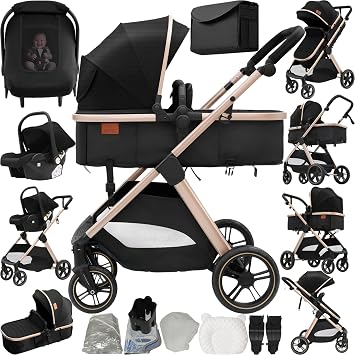 3 in 1 Baby Stroller Travel System, Pushchair 3 in 1 Set, Toddler Pram with Reversible Two Pushing Modes, Newborn Buggy Aluminum Frame, Infant Carriage One-Click Folding V10 Black Gold