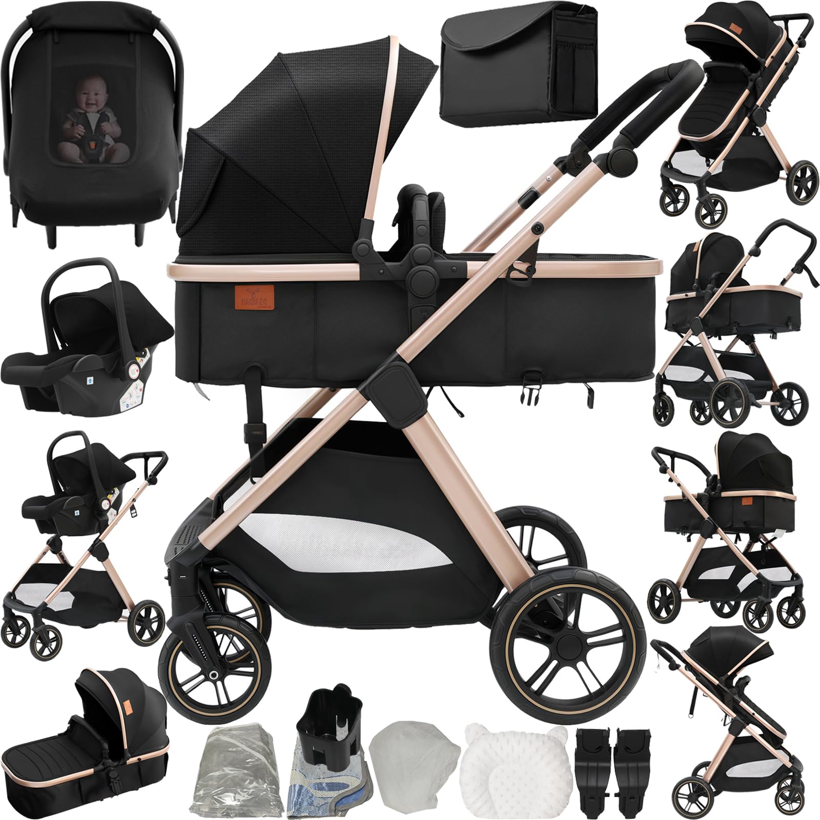 Sianldcone Kinderwagen 3 in 1, Hochwertige Stoffe Kinderwagen Set, Zwei-Wege-Schiebefunktion Reisesysteme, Offene Sicht Kombikinderwagen 3 in 1 Komplettset (V10 Black Gold)