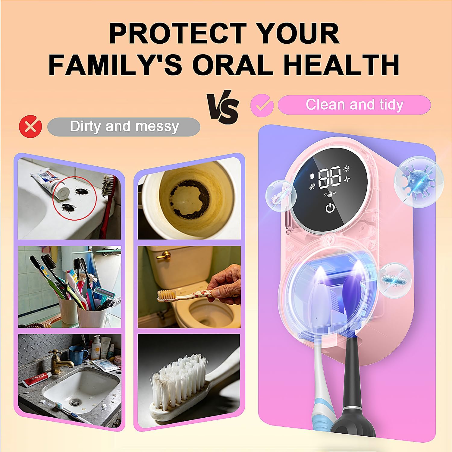 Toothbrush Holder and Cleaner Razor Holder/Dryer Light Cleaning and Air Drying Automatic Ratating Cover Rechargeable Wall Mounted for Bathroom Portable for Trip