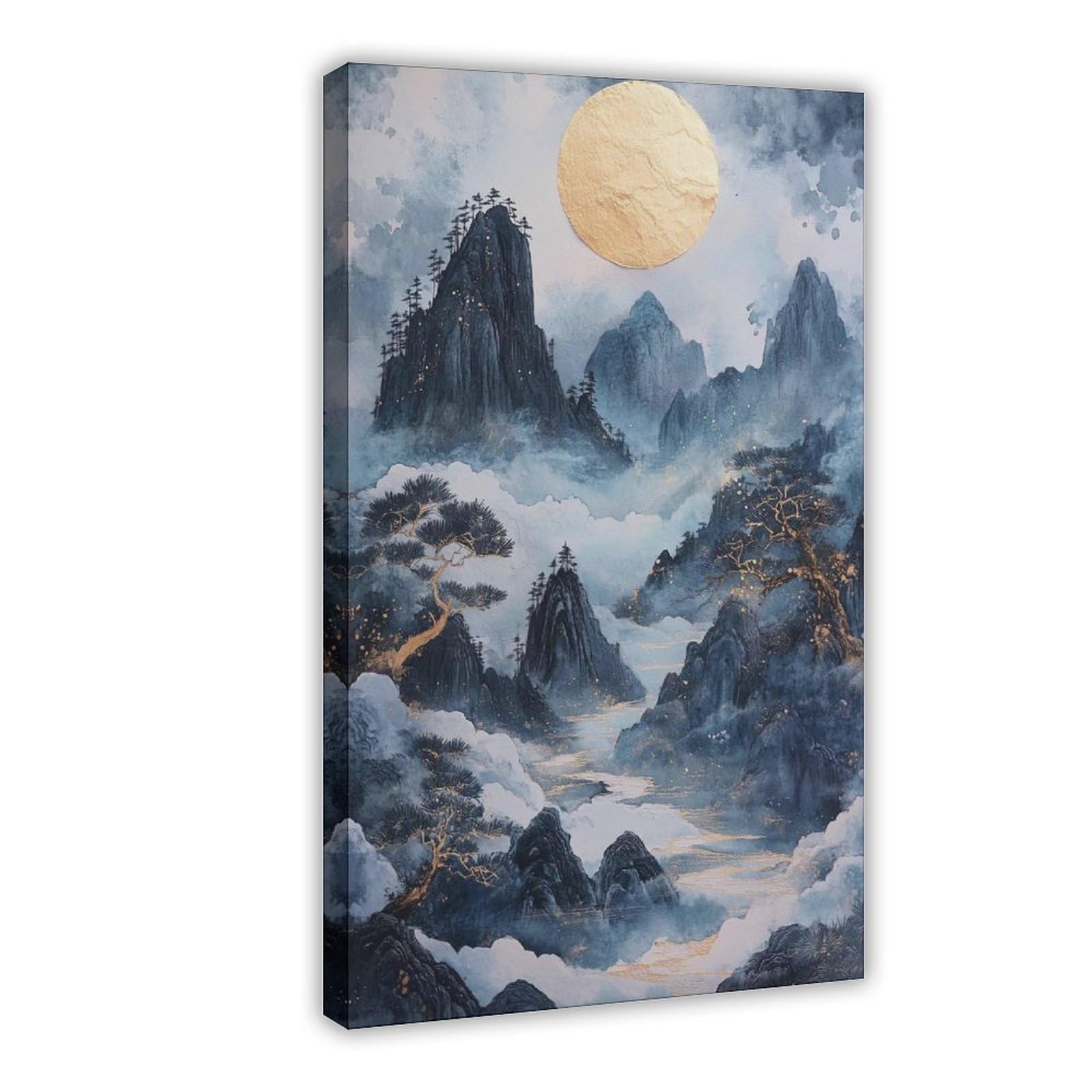 Bareronor Golden Moon Mountain Japanese Canvas Poster Bedroom Decor Landscape Office Room Decor Gift 24" L X 36" W