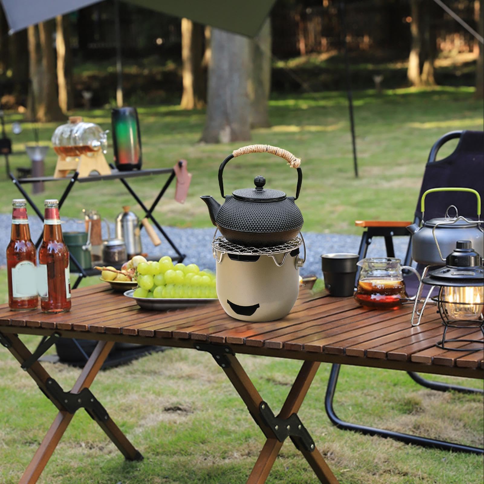 Grill na węgiel drzewny ze stojakiem do gotowania i uchwytem, stalowy sprzęt do grillowania na piknik, do ogrodu, na plażę, kemping na świeżym powietrzu