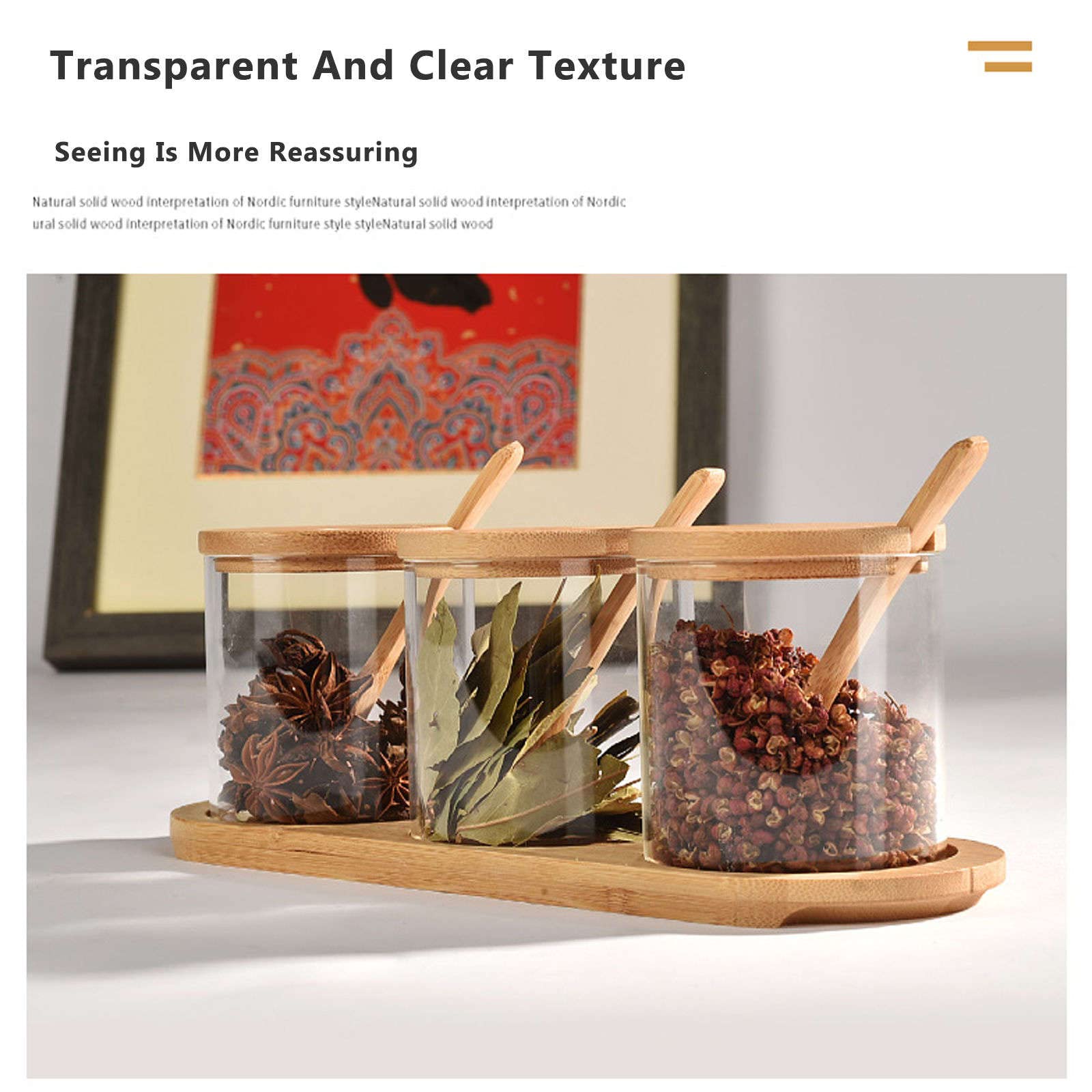 Tarro de Cristal para conservar Alimentos, Frascos de Vidrio Transparente con Tapas y Cuchara bambú, tarros Especias vacíos, contenedores Botes Almacenamiento Alimentos(Transparent)
