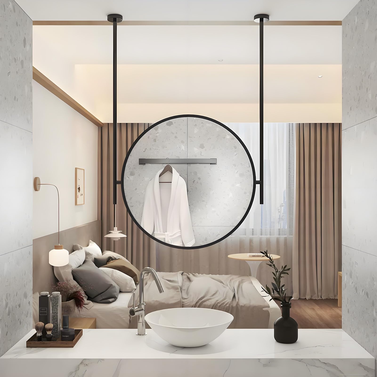 FGXHHS Black Modern Mirrors with Metal Frame, Vertical Ceiling Mounted HD Mirrors, Round Wall-Mounted Hanging Mirror for Bathroom, Bedroom, Hallway(Diameter-70CM/27.6INCH)