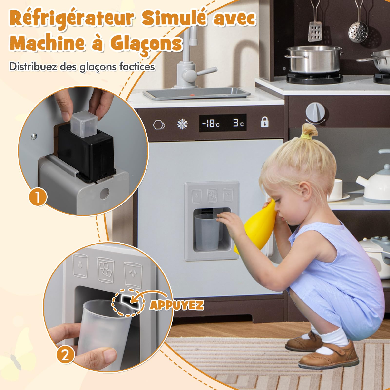 COSTWAY Cuisine Enfant en Bois avec Effets Sonores & Lumières Réels, Jeu de Cuisine avec Micro-Ondes & Cafetière, Machine à Glaçons & Armoires, Jeu d'Imitation pour Garçon Fille de 3 Ans+ (Marron)