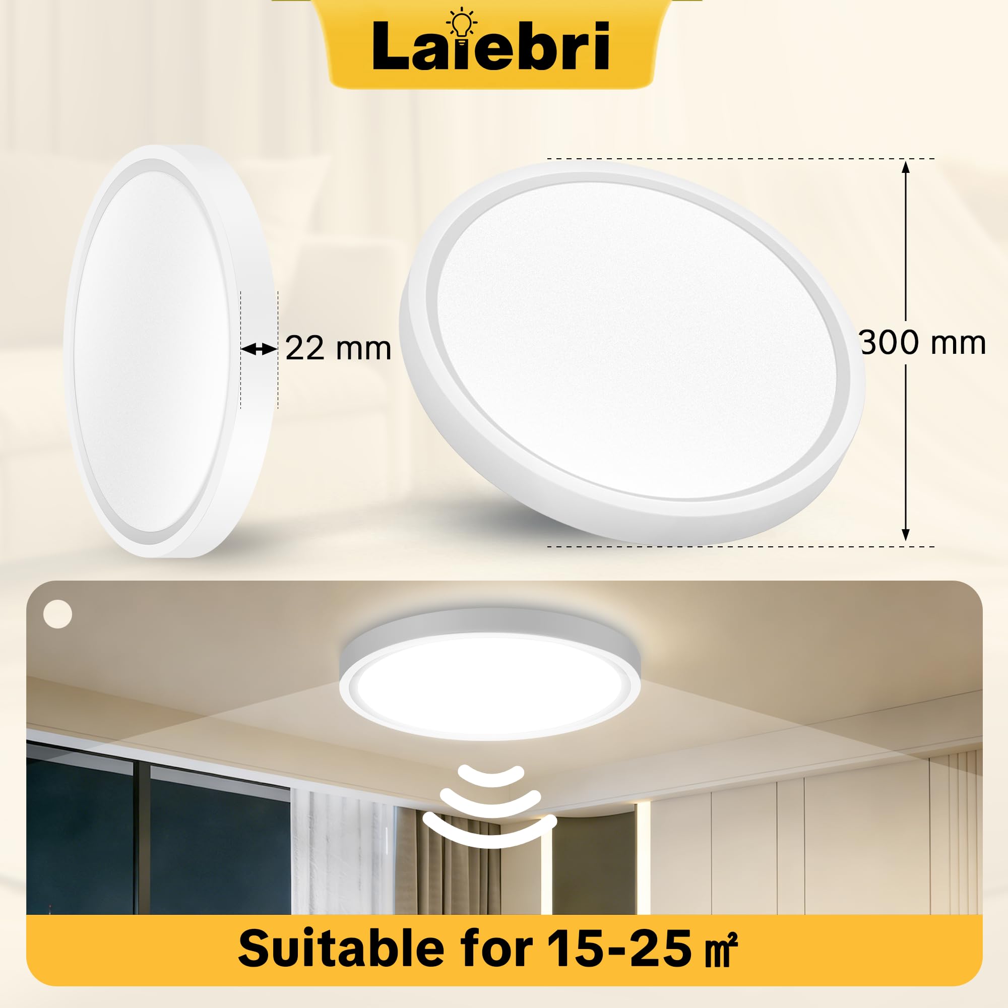 Plafonnier LED ultra-plat avec détecteur de mouvement, idéal pour couloir, escalier, cuisine, balcon ou débarras. Lumière blanche neutre 4000K, Ø 300 x 22 mm, lot de 2