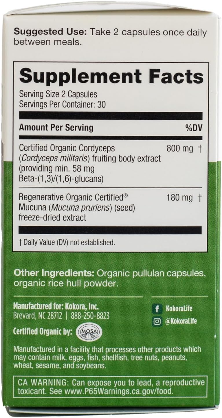 kokora Cordyceps Energy -Organic Adaptogenic Mushroom Supplement for Energy and Performance*- Cordyceps with Beta Glucans & Mucuna - Vegan, Non-GMO - 60 Capsules - 30 Servings
