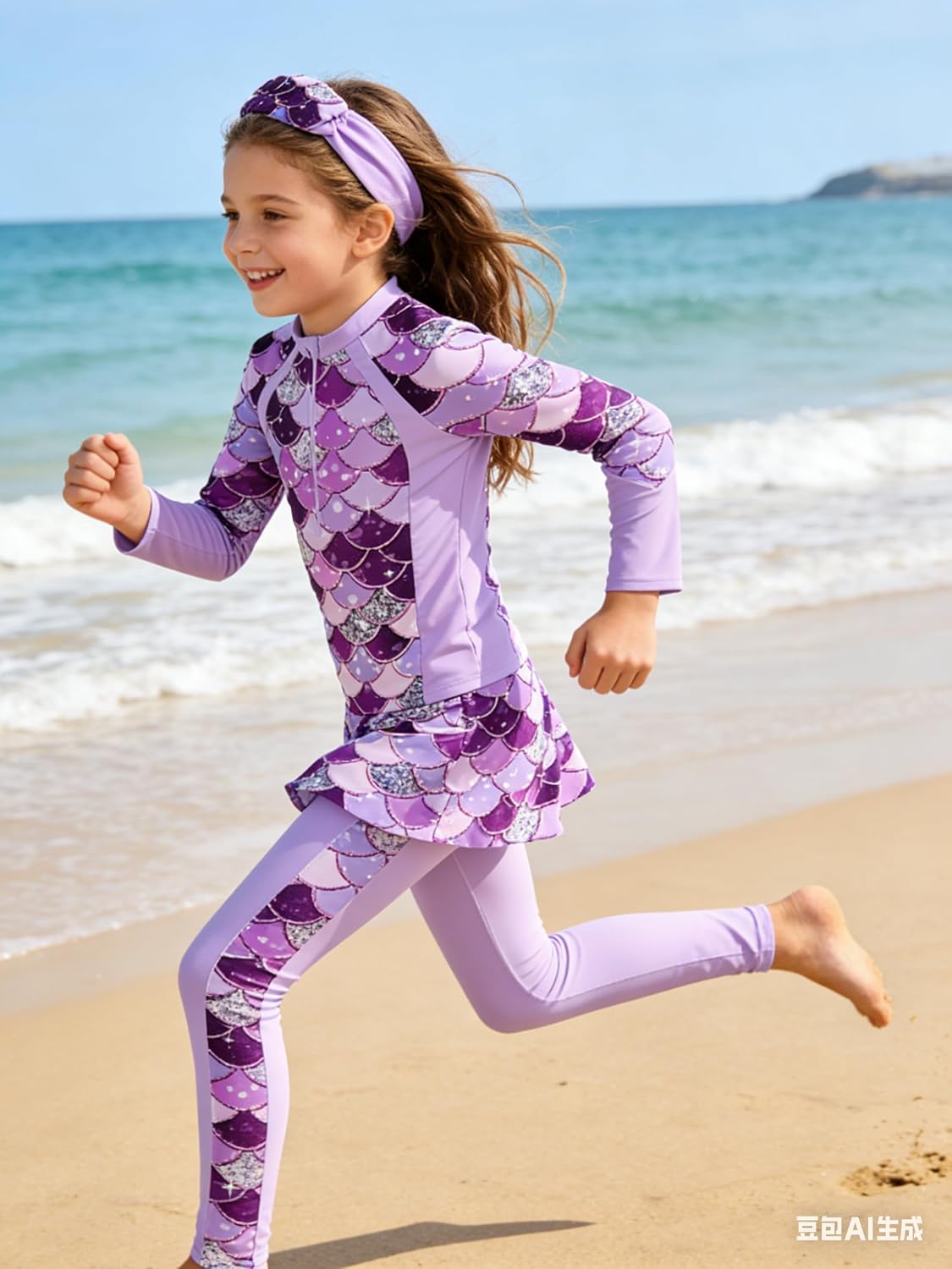 Girls Long Sleeve Rashguard Half Zip Swimsuits UPF 50+ Two Piece Swim Sets with Hairband 5-12Y