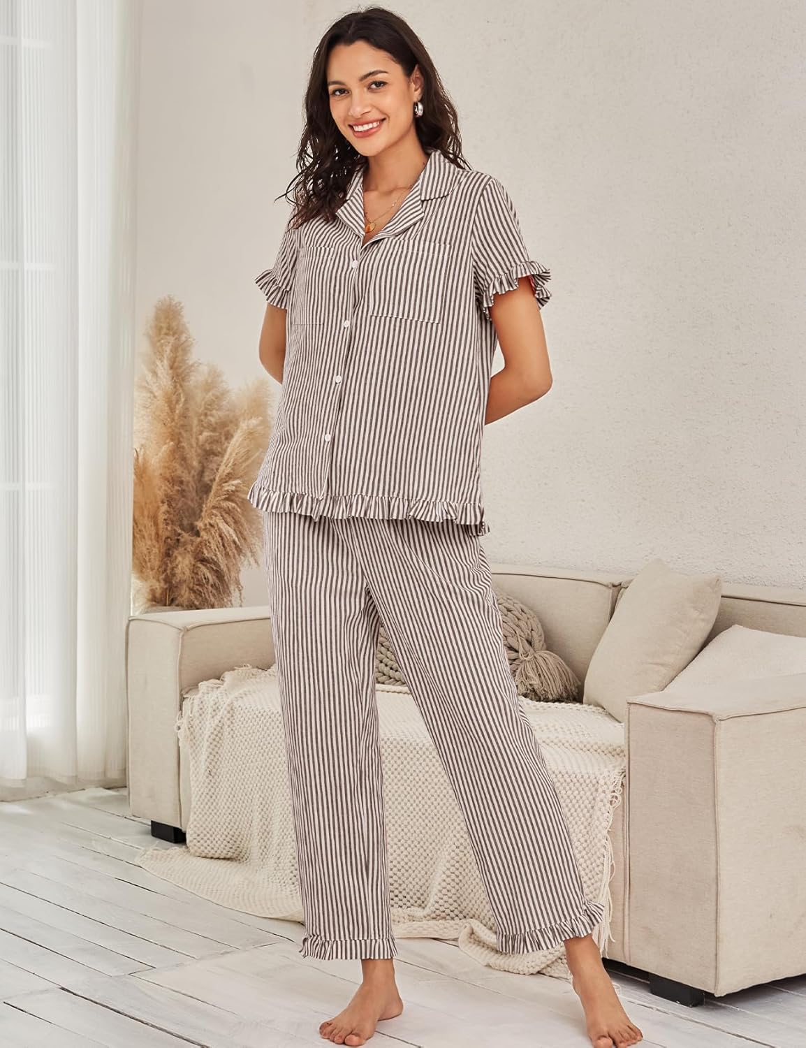 Flygo Womens Striped Pajama Sets Cotton Button Down Sleepwear Short Sleeve Top Long Ruffle Pants 2 Piece Pjs Loungewear Sets