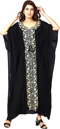 Cigain Women's Rayon Long Kaftan Maxi Cover Up Summer Dress Night Dress Kimono Style Kaftan (Black, Free Size)