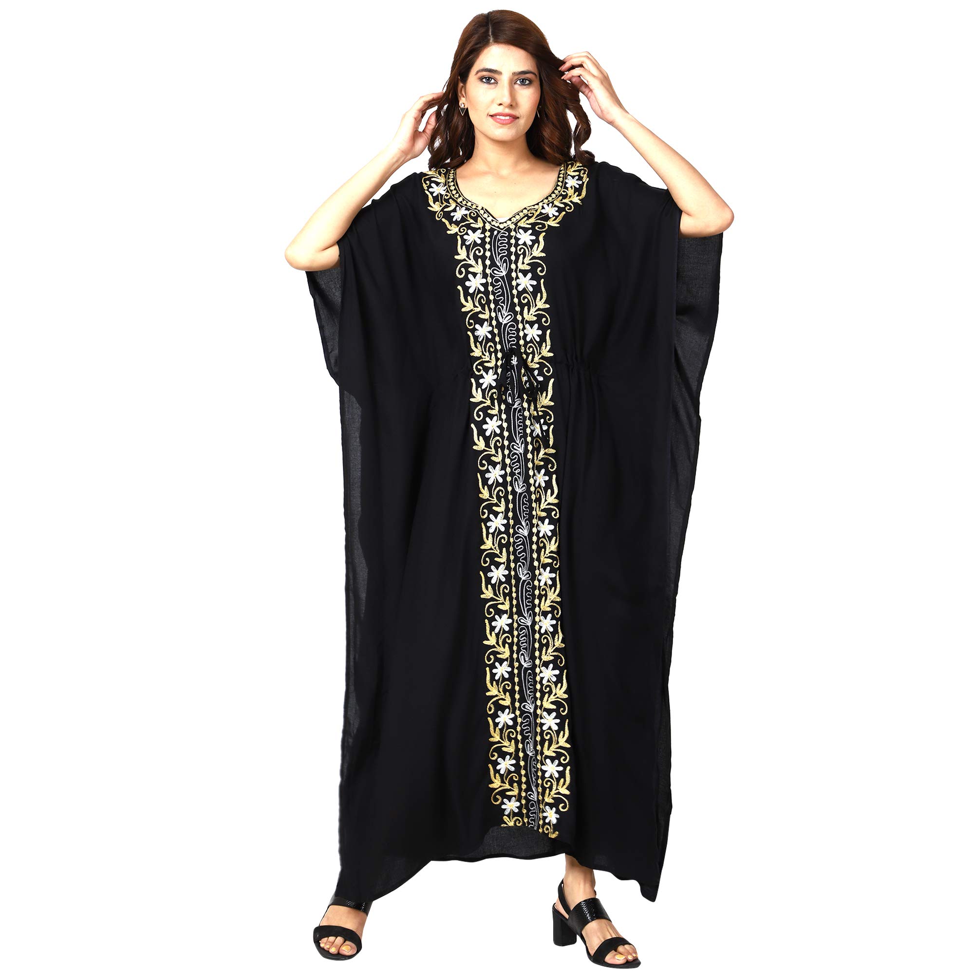 CigainWomen's Rayon Long Kaftan Maxi Cover Up Summer Dress Night Dress Kimono Style Kaftan (Black, Free Size)