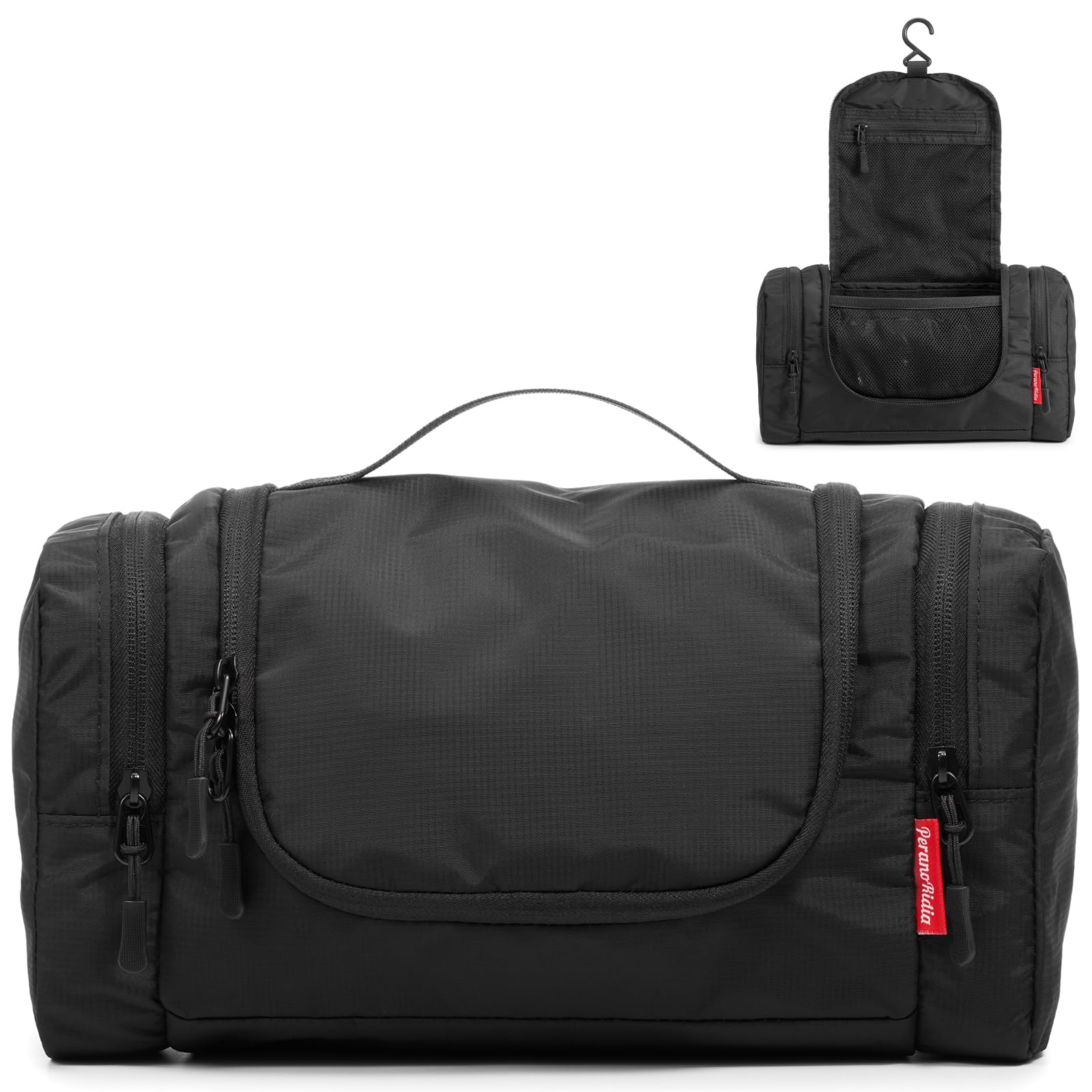 PeranoRidia Kulturbeutel zum Aufhängen für Herren und Damen, Wasserabweisende Nylon Reise Kosmetiktasche, Kulturtasche für Make‑up, Toilettenartikel, Pflegeutensilien, Waschtasche, Schwarz