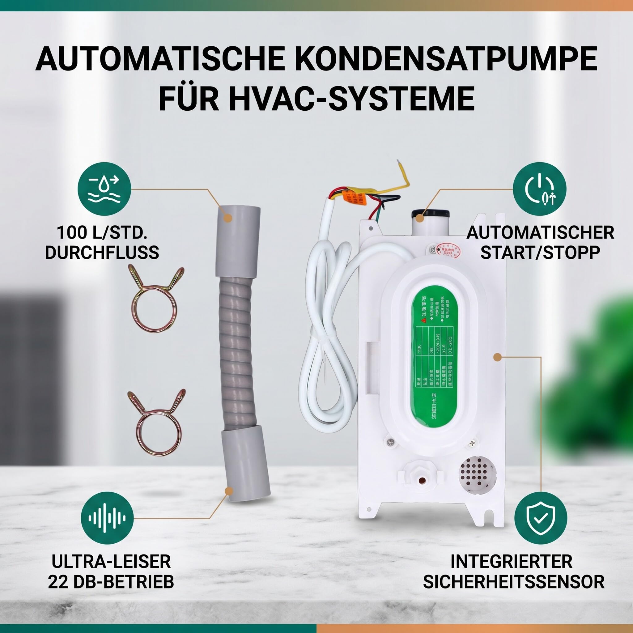 Bomba de Condensado Automática, 100L/H, 22dB Sensor de Nivel de Agua con Tanque 500ml para Aire Acondicionado y Deshumidificador