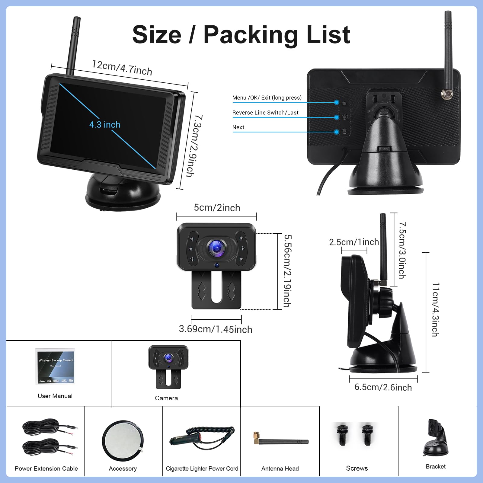 VECHTEL Telecamera Retromarcia Senza Fili 1080P, kit monitor con schermo IPS da 4.3 pollici, Facile da Installare, Linee Guida DIY, Visione Notturna, Impermeabile IP68