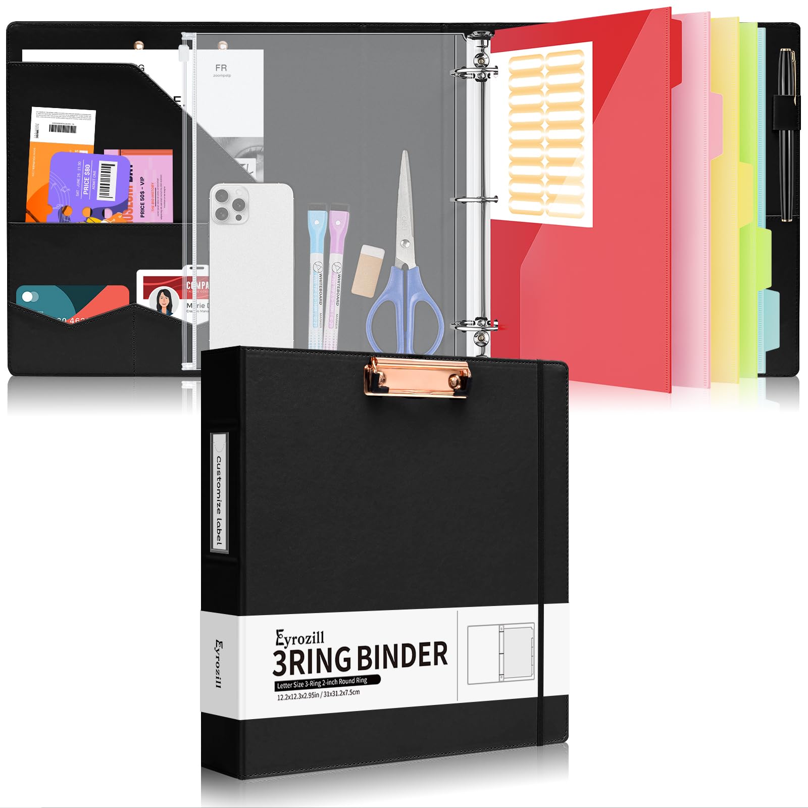 Eyrozill Professional Leather Portfolio with Clipboard, Zipper Pouch, 5 Sheets Plastic Dividers，Leather 3 Ring Binder 8.5 x 11, 2-inch Round Rings,