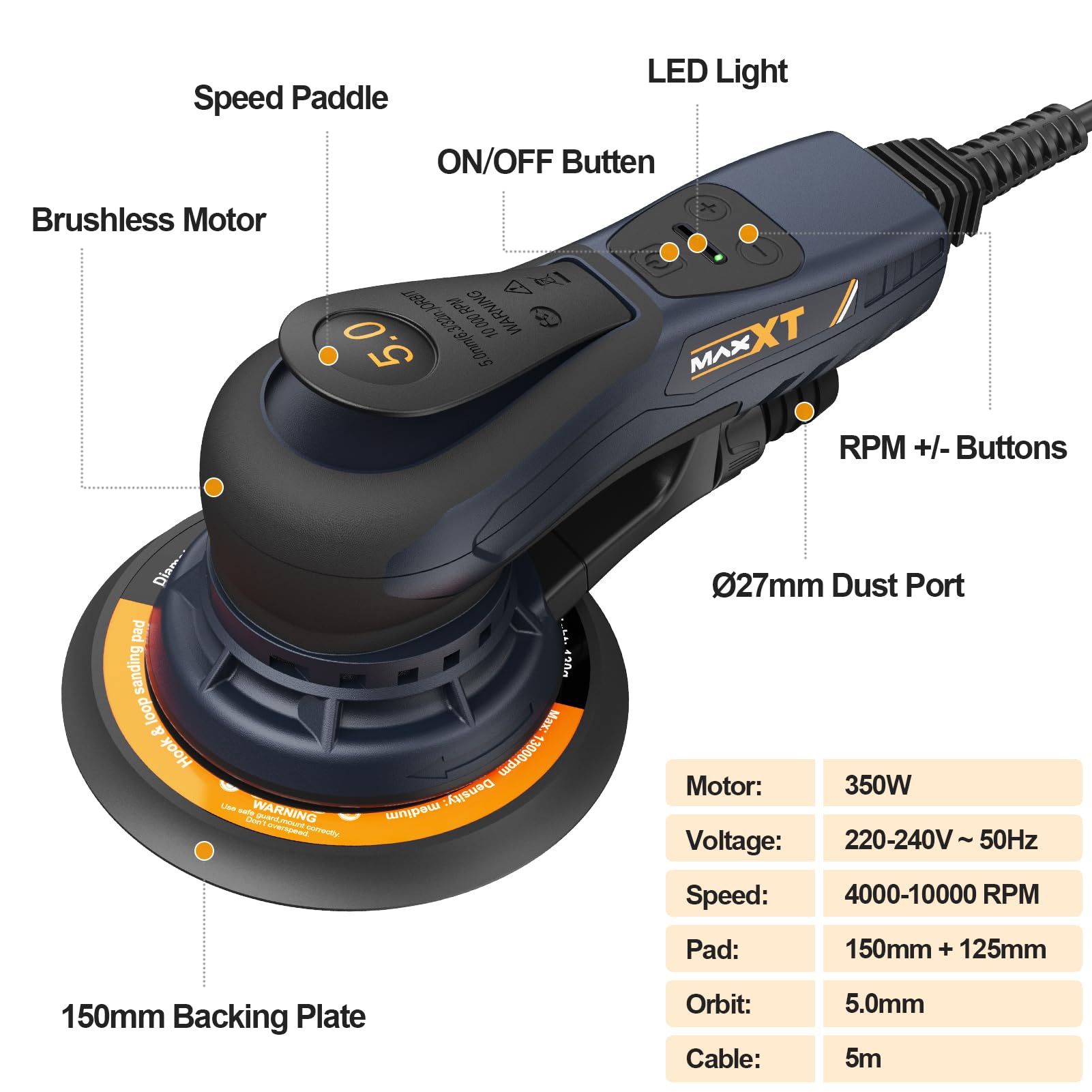 MAXXT Ponceuse Excentrique Sans Balais 5,0 mm 230V avec câblage à trois noyaux - Ponceuse électrique polyvalente avec vitesse variable et 10 disques abrasifs