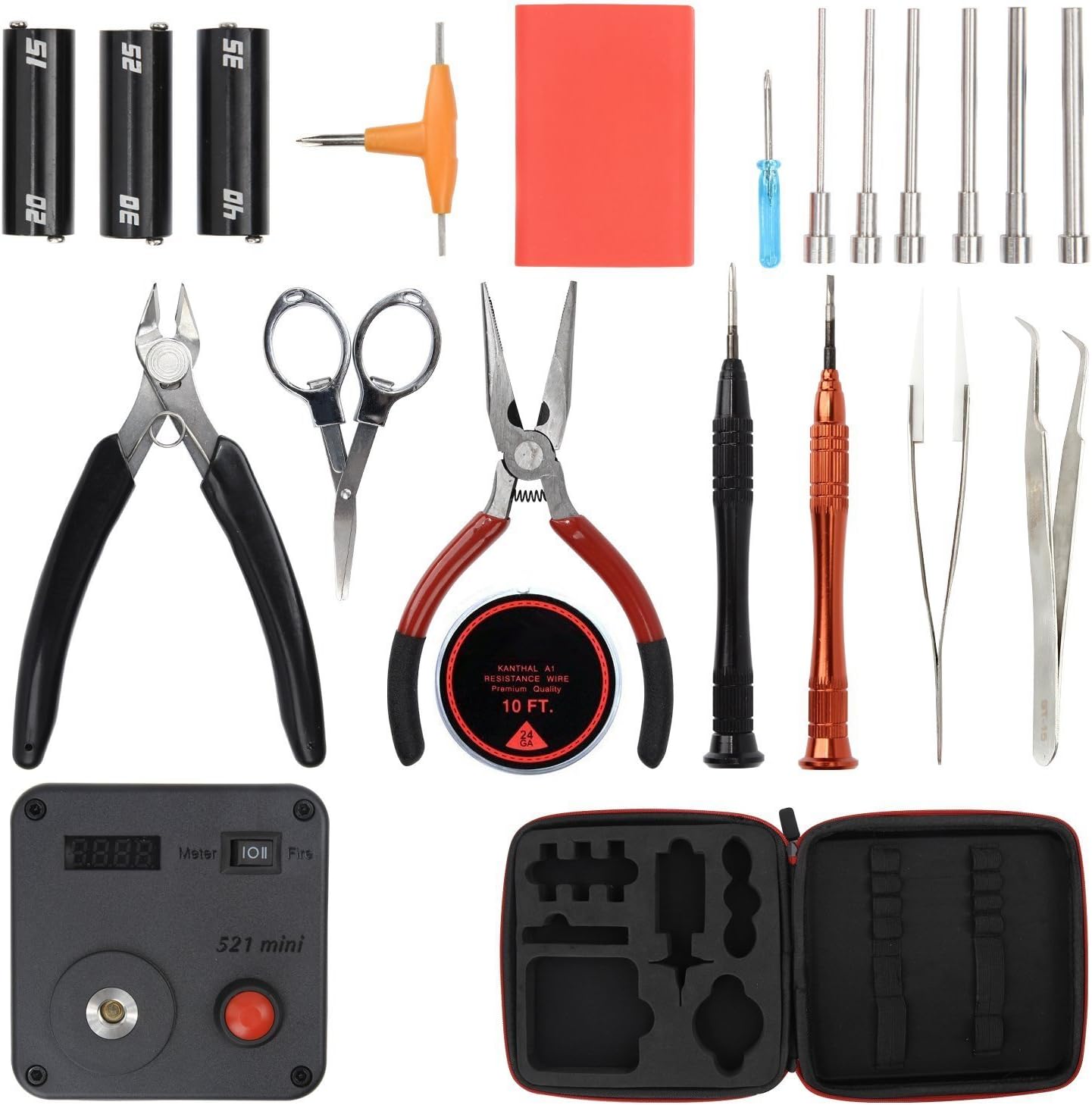 Portable 6 in 1 DIY Coil Jig Tool Kit with Latest Coil Jig (V4)/521 Tab Mini OHM Reader/Tweezers/Heat Resistant Wire Newest Master DIYV3