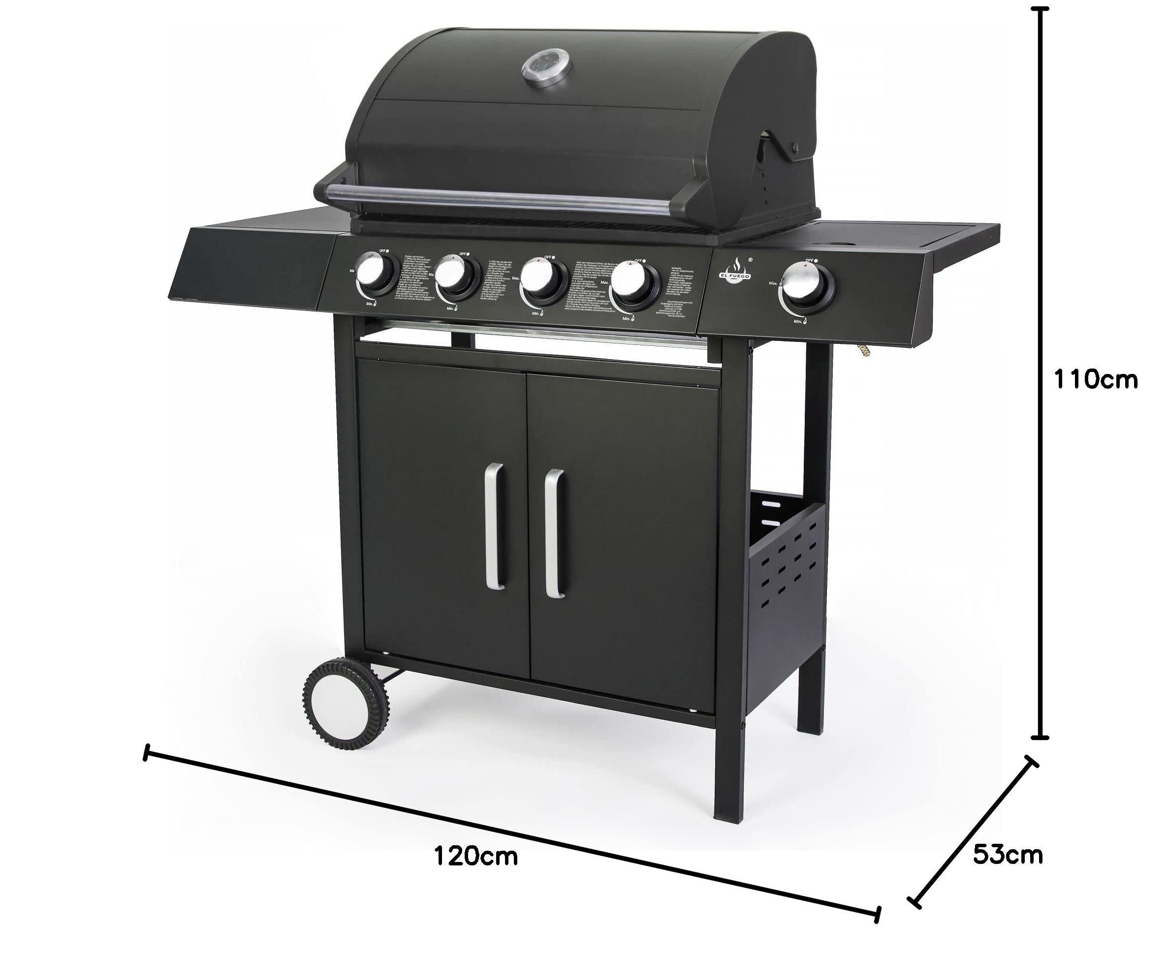 Gasgrill "SAN ANGELO 4+1" von El Fuego® | 4 Hauptbrenner + 1 Seitenbrenner | Edelstahl, inkl. Gasschlauch und Druckminderer | Grill Smoker Grillwagen BBQ | AY 582
