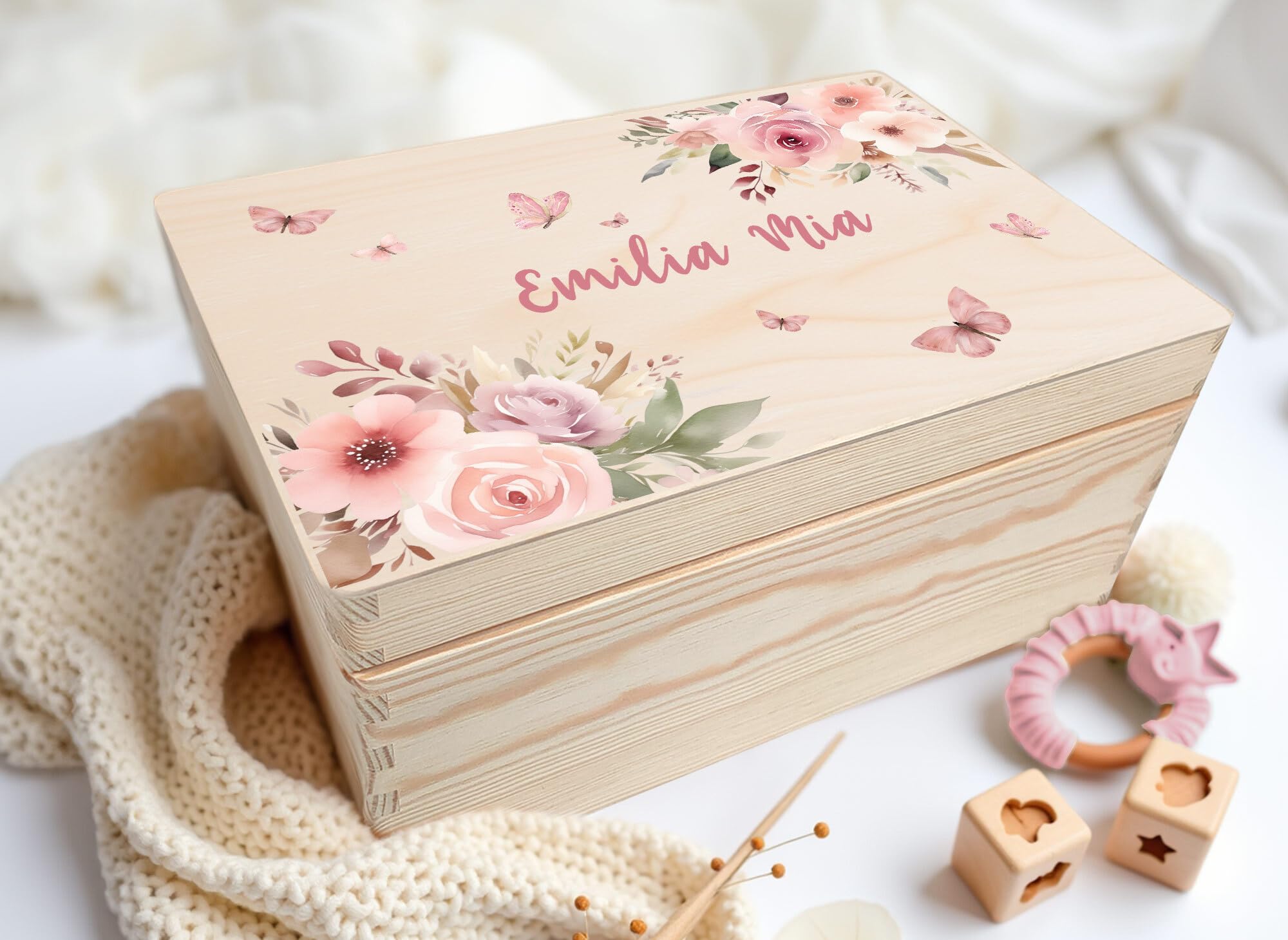 Little Deco Baby Erinnerungskiste mit Blumen | L - 40 x 30 x 22 cm - Design 1 | Personalisierte Erinnerungsbox für Mädchen, Holzkiste Baby Box Geschenk zur Geburt, Taufe & Geburtstag XHL1038-1-L