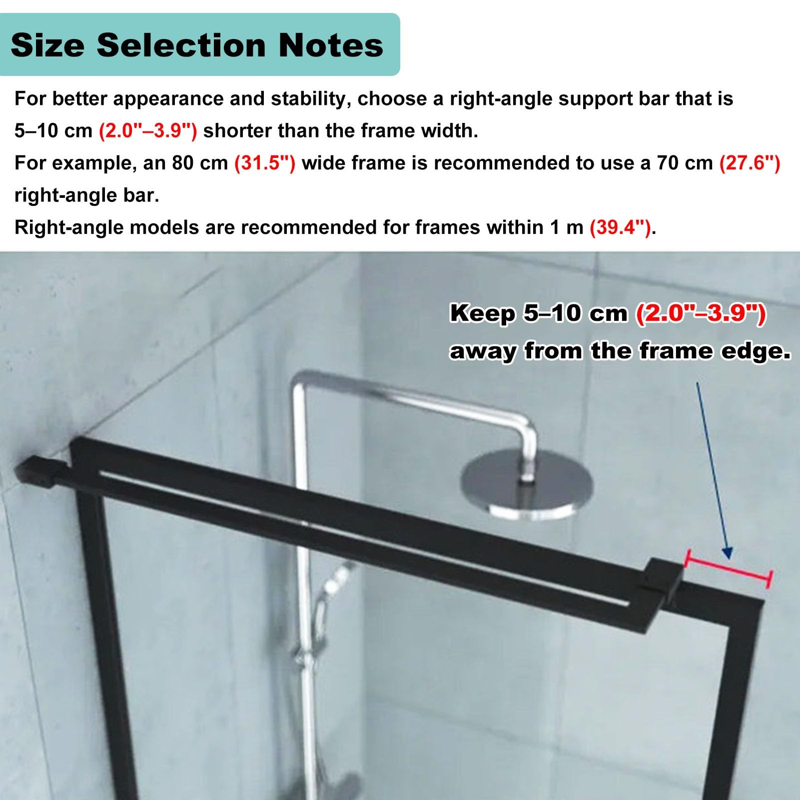 Barra Stabilizzatrice per Box Doccia Barra di Supporto Regolabile per Schermo Doccia, Asta Stabilizzatrice Robusta in Acciaio Inox 304 per Porta Doccia e Pannello Fisso, Nero Opaco(50 cm (19.7"))